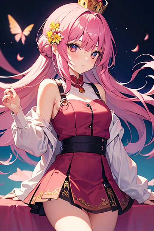 18 years old beautiful girl, masterpiece, best quality, 8K Animation, Detailed fingers, Precise fingers, Not an unnatural hand, illustration, 1 girl, Solitary, Pink Bob Hairstyle, Golden Crown, Flower Hair Accessories, Drooping eyes, Red mini skirt, Weil's torn clothes,Large Breasts, (Large areola:1), , (Pure face_V1:0.5) blush