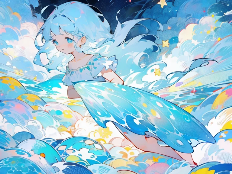 In the sea、Girl floating with jellyfish。fluffy。The overall color is light blue