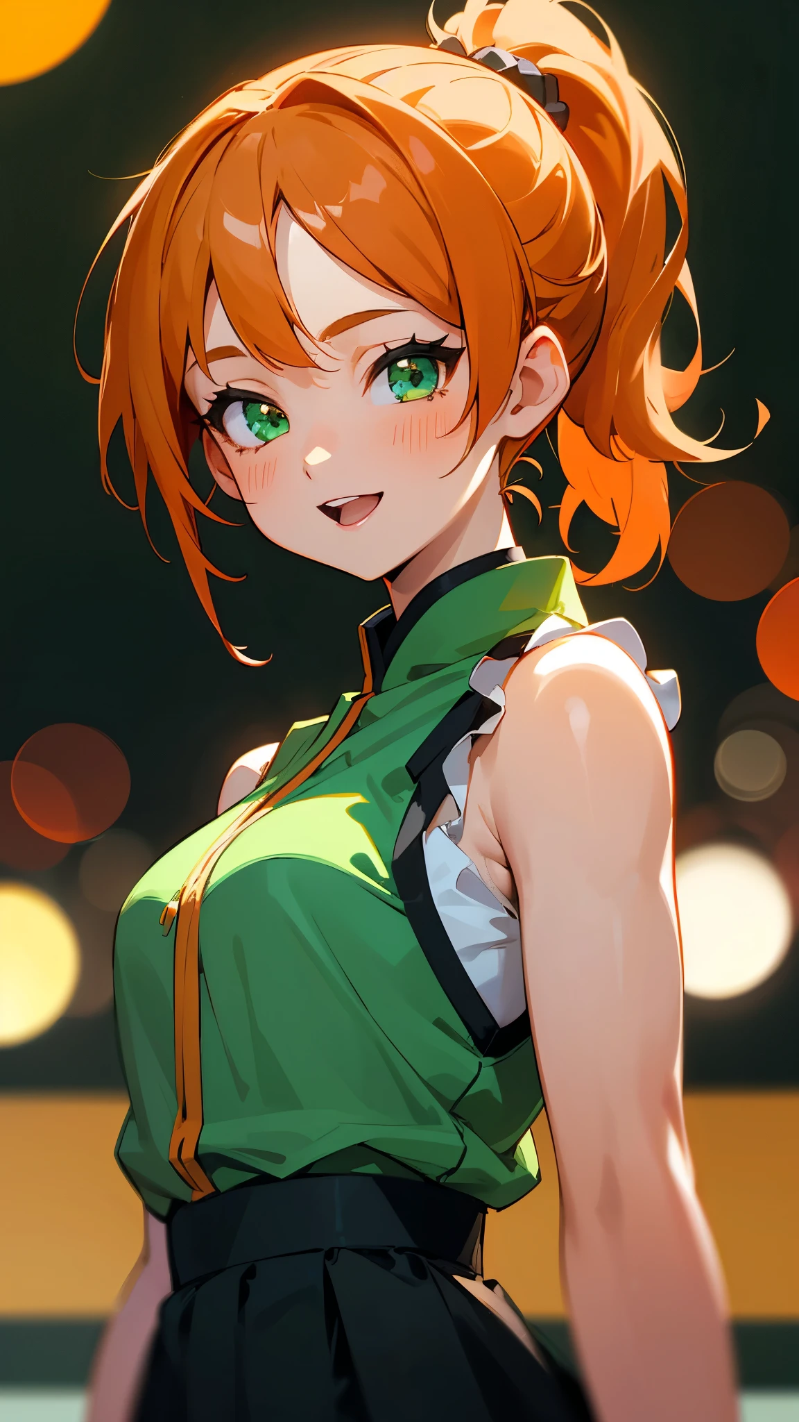 1 Girl、8k、Sharp focus、(Bokeh) (highest quality) (Detailed skin:1.3) (Intricate details) (anime)、Orange Hair、Beautiful green eyes、Side Ponytail、Sleeveless shirt、Black Skirt、Upper body close-up、From the side、smile、Open your mouth