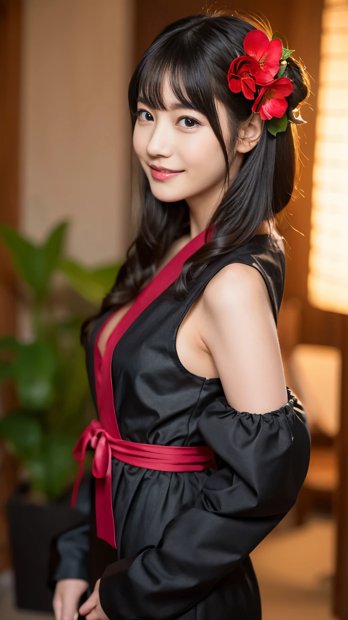 Anime girl in a red and black dress with a red flower in her hair, artwork in the style of Gweitz, Gweitz, Chinese Girl, Trending on cgstation, Cute anime waifu in a nice dress, Gweitz on pixiv artstation, palace , Girl in Hanfu, Beautiful digital art, Gweitz on artstation pixiv,The best smile:1.5