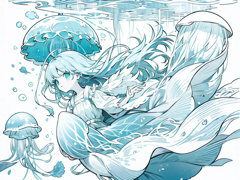 In the sea、Girl floating with jellyfish。fluffy。The overall color is light blue