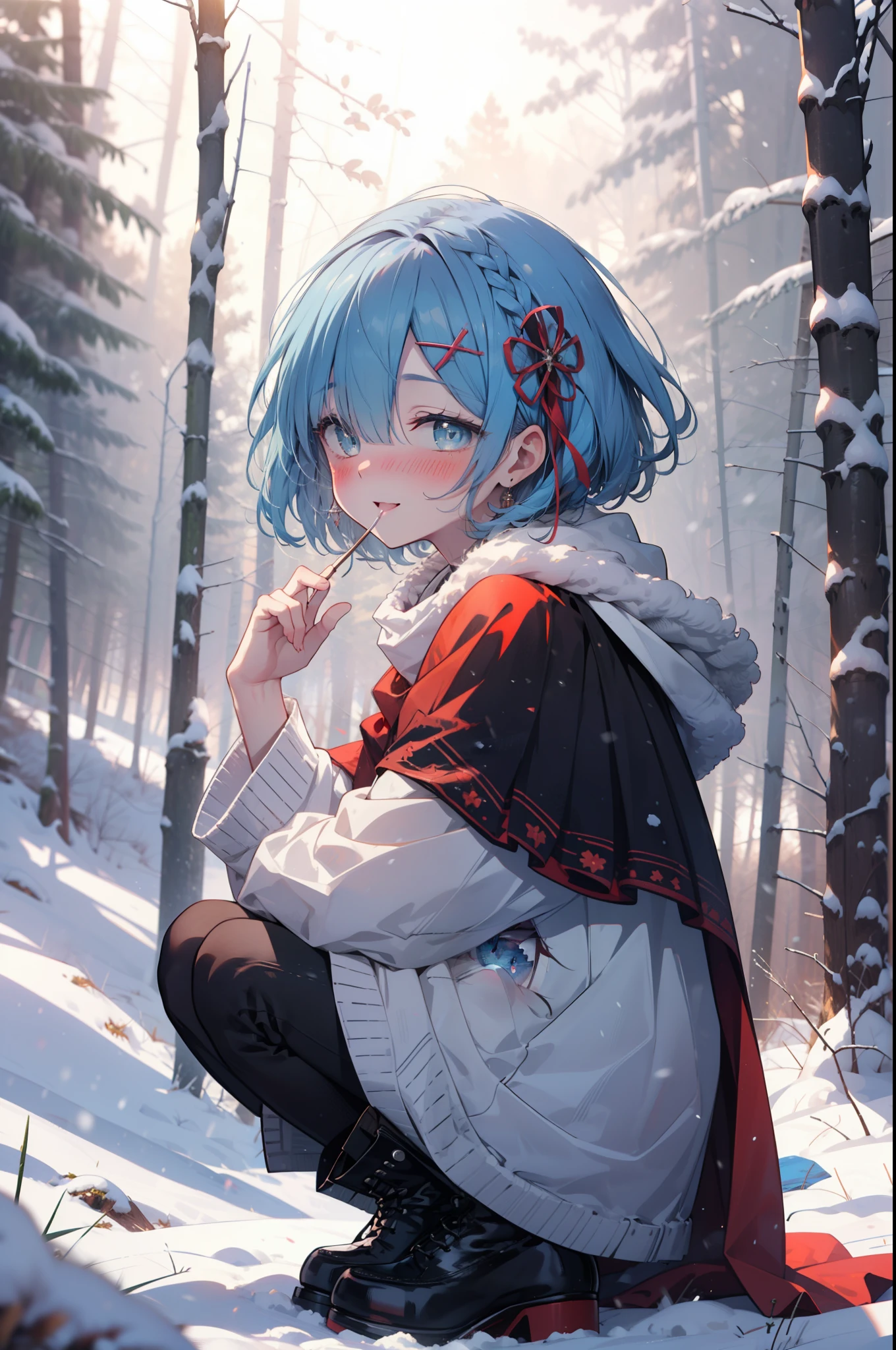 rezeroRem, Rem, blue eyes, Blue Hair, hair ornaments, Hair in one eye, Hair Ribbon, short hair, x hair ornaments,smile,blush,White Breath,
Open your mouth,snow,Ground bonfire, Outdoor, boots, snowing, From the side, wood, suitcase, Cape, Blurred, forest, White handbag, nature,  Squat, Mouth closed, Cape, winter, Written boundary depth, Black shoes, red Cape break looking at viewer, Upper Body, whole body, break Outdoor, forest, nature, break (masterpiece:1.2), highest quality, High resolution, unity 8k wallpaper, (shape:0.8), (Beautiful and beautiful eyes:1.6), Highly detailed face, Perfect lighting, Extremely detailed CG, (Perfect hands, Perfect Anatomy),