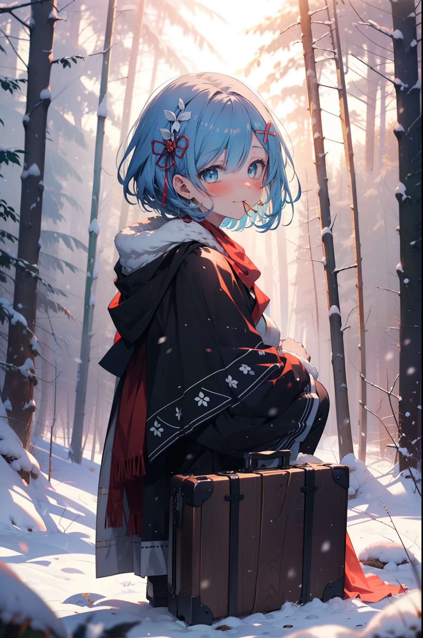 rezeroRem, Rem, blue eyes, Blue Hair, hair ornaments, Hair in one eye, Hair Ribbon, short hair, x hair ornaments,smile,blush,White Breath,
Open your mouth,snow,Ground bonfire, Outdoor, boots, snowing, From the side, wood, suitcase, Cape, Blurred, forest, White handbag, nature,  Squat, Mouth closed, Cape, winter, Written boundary depth, Black shoes, red Cape break looking at viewer, Upper Body, whole body, break Outdoor, forest, nature, break (masterpiece:1.2), highest quality, High resolution, unity 8k wallpaper, (shape:0.8), (Beautiful and beautiful eyes:1.6), Highly detailed face, Perfect lighting, Extremely detailed CG, (Perfect hands, Perfect Anatomy),