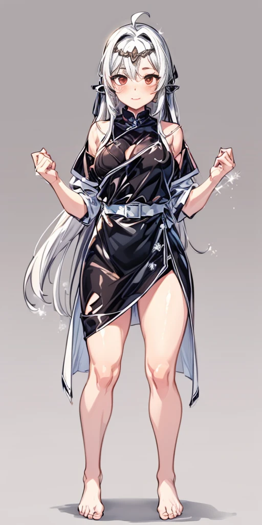 black bunny outfit, barefoot, bare hands, black sleeves, black stockings, happy face, red eyes, white bunny tail