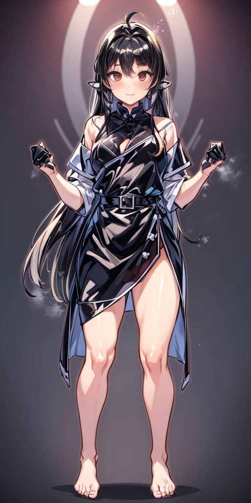 black bunny outfit, barefoot, bare hands, black sleeves, black stockings, happy face, red eyes, white bunny tail