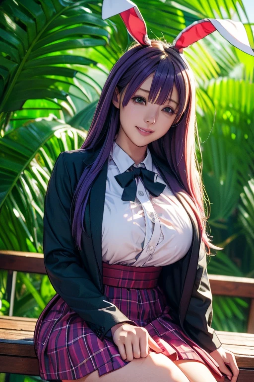 sit in tropical rainforest , steam , waistband of skirt is at the point above chest , plaid skirt , pleated skirt , Tight shirt , white Shirt , school girl , skirt under breasts , skirt is near breasts area , skirt is adjacent to the chest , (masterpiece, best quality, hires, high resolution:1.2, 4k, 8k , high quality), extremely detailed, realistic, intricate details, highres, 1girl, solo, ( , thick thighs, wide hips), arched back,(cinematic lighting, sunlight, perfect lighting, backlighting), eye-level shot, extreme close-up-shot, looking at viewer, , green skirt nakano_yotsuba_ecsta, blue eyes, orange hair, hair ribbon, nakano yotsuba , twin tails hair, green ribbon, hair between eyes , masterpiece, best quality, 1girl,smile,reisen udongein inaba, purple hair,very , twin tails long hair, rabbit ears, red eyes,black jacket,pink skirt,necktie,