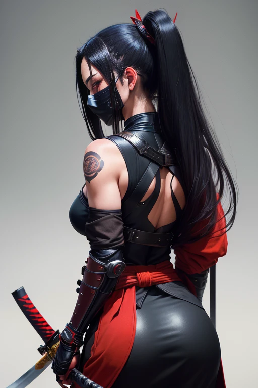 ((best quality)), ((masterpiece)), (detailed), Female shinobi looking back, shot from behind, masked, visible long black hair, with katana, dark padded outfit with leather and metallic accessories, black and red, dark tones, muted colors, high contrast, hyperrealism, black backdrop, minimal lighting