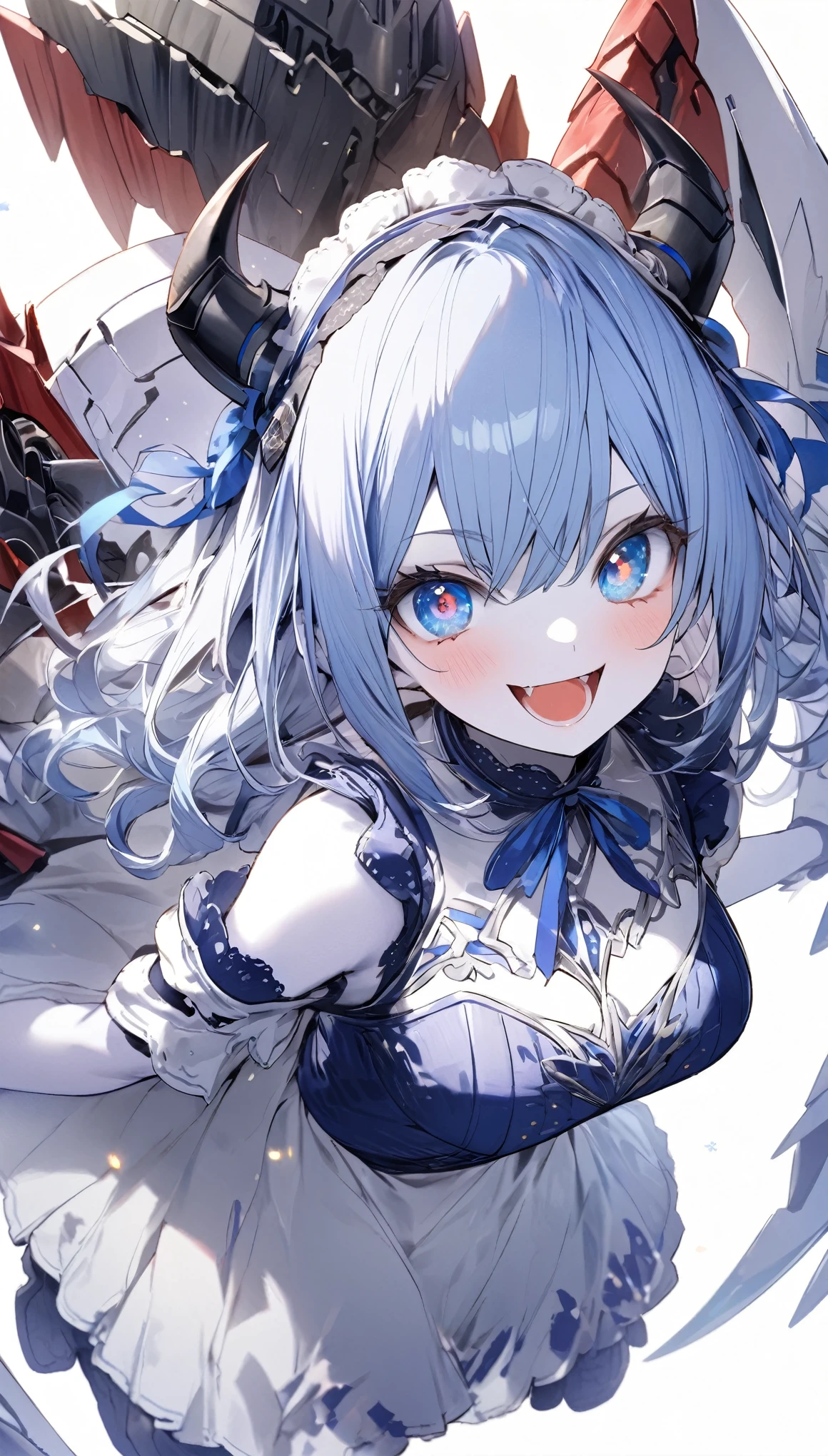 score_9, score_8_up, score_7_up, best quality ,masterpiece, 4k, Japanese anime, 1girl, (white skin:1.2), navy blue hair, medium length hair, blue ribbon, drill hair, wavy hair, (mechanical dragonhorn:1.5), (mechanical wing:1.2), (eye lashes:1.3), (eye shadow:1.3), blue eyes, (beautiful detailed eyes:1.4), laugh, 130cm tall, original character, fantasy, (white background:1.2), (full body:1.8), beautiful fingers, standing, (blue black lace frill armor dress:1.5), (mechanical headdress:1.5) , shoot from front, looking at viewer  , 