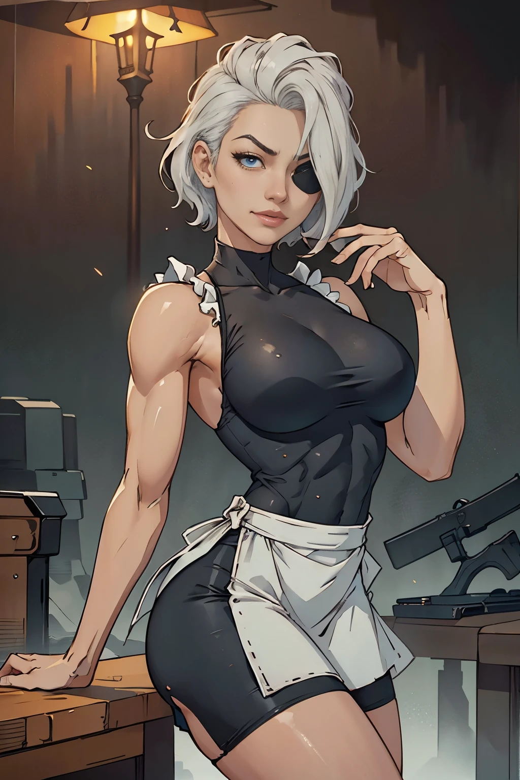 Maid clothesを着た美しいサイボーグの女性兵士、Short white hair、Muscular、Six Pack Abs、（(White ruffled apron、mini skirt、Maid clothes：1.9)）、Facial blemishes、Eye patch、（Engage in a gunfight with space gangsters：1.5）、Smirking expression、Dynamic configuration、detailed、Photorealistic、8k、High resolution、超detailed、Cinematic lighting、Dramatic colors、SF、Concept Art