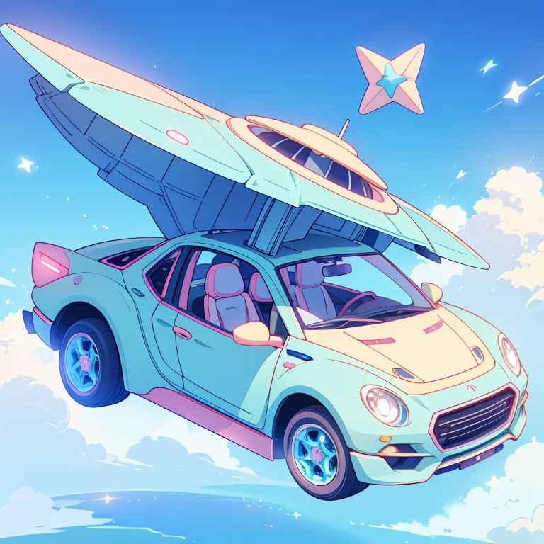 Futuristic flying star-shaped pastel colored vehicle、Kawaii Tech,