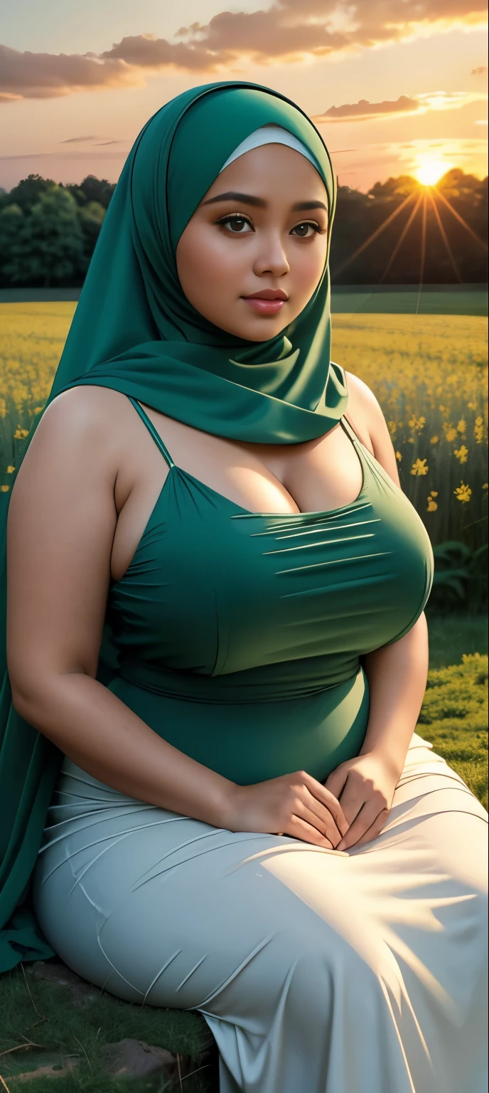 ( Close Up),RAW, Best quality, high resolution, works: 1.3), Beautiful Malay woman in hijab, Masterpiece, fit body, big breasts, beautiful big eyes, Soft smile, beautiful face, woman sitting at a table in a green meadow, traditional beauty, moment sunset, in the field, in the countryside, beautiful woman, with the sunset, wearing a soft long dress, muslim,, hijab, beautiful woman, with a beautiful appearance, a very beautiful masterpiece, a masterpiece of art, good lighting, Bright colors, Clean lines, chubby body, wide chubby hips, chubby arm, chubby massive thighs , massive cleavage , massive armpits , white armpits , armpit hair , extra cleavage, full body 