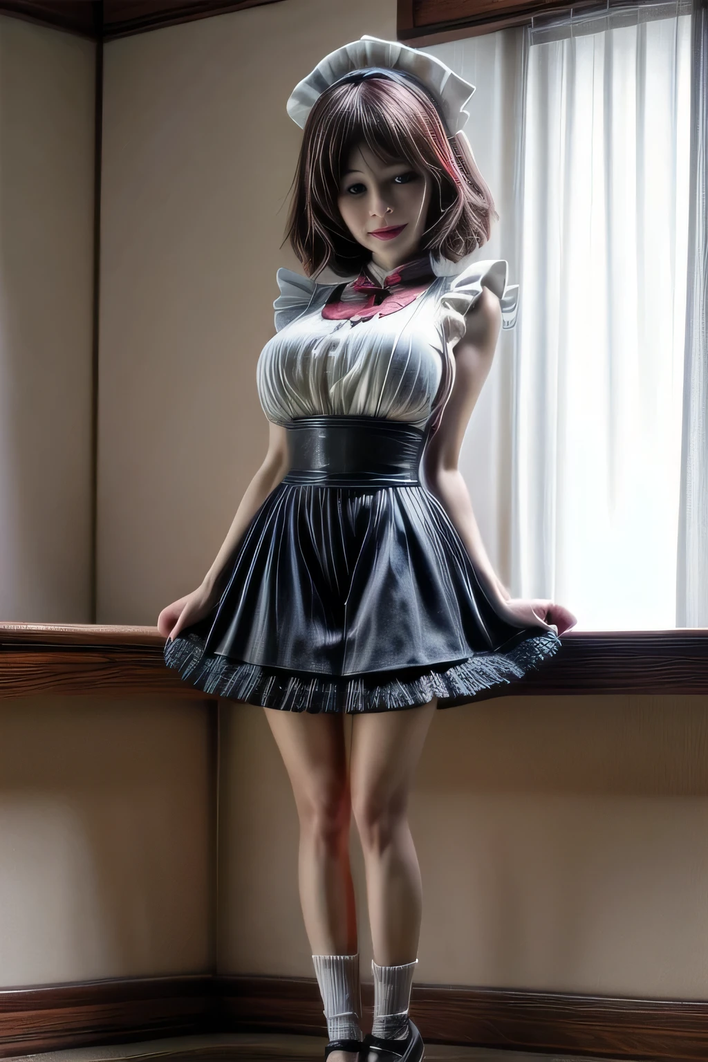 japanese milf wearing Maid Outfit, middle skirt , sleeveless tops, standing, full body shot