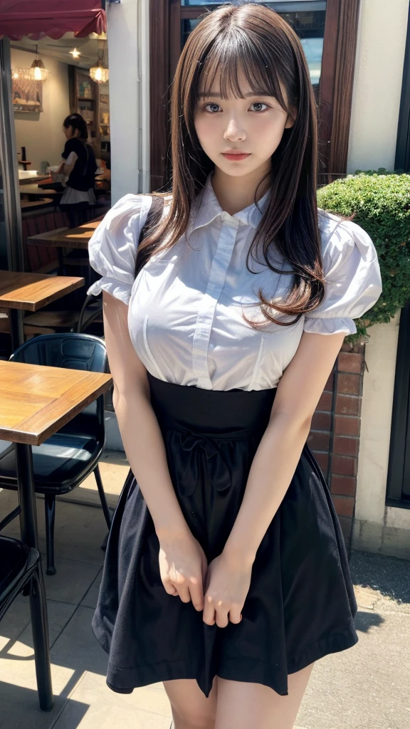 masterpiece, best quality, illustration, Super detailed, fine details, High resolution, 8K,wall paper, perfect dynamic composition,(Details High quality, realistic depiction of eyes:1.3), waitress uniform, restaurant, huge breasts, short bob hair、black hair color, Big Natural Color Lip, (perfect body shape), crying a little、cold gaze, Harajuku style、20 year old girl、cute type、lolita、beautiful legs, focus on crotch, full body photo, gravure idol