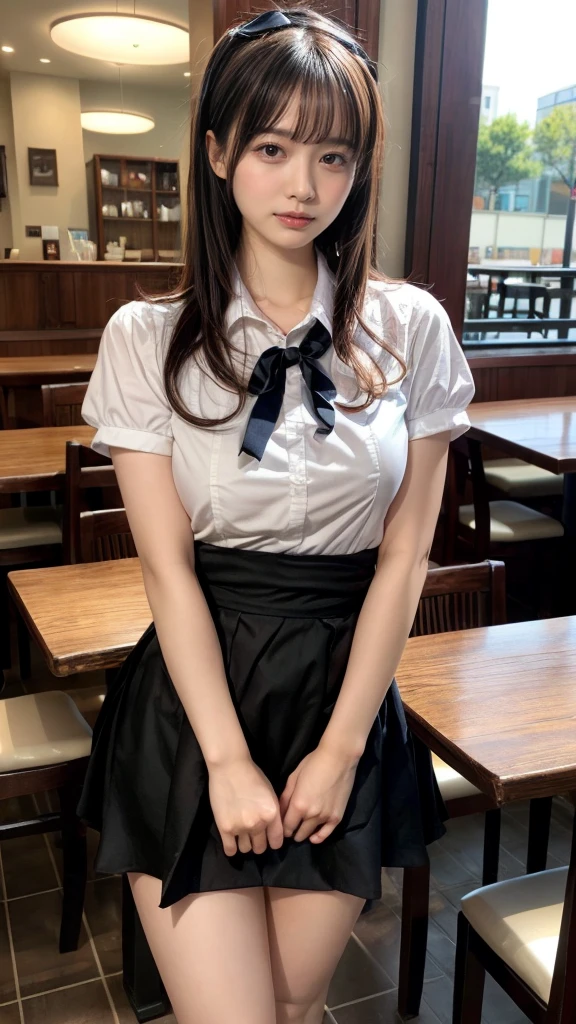 masterpiece, best quality, illustration, Super detailed, fine details, High resolution, 8K,wall paper, perfect dynamic composition,(Details High quality, realistic depiction of eyes:1.3), waitress uniform, restaurant, huge breasts, short bob hair、black hair color, Big Natural Color Lip, (perfect body shape), crying a little、cold gaze, Harajuku style、20 year old girl、cute type、lolita、beautiful legs, focus on crotch, full body photo, gravure idol