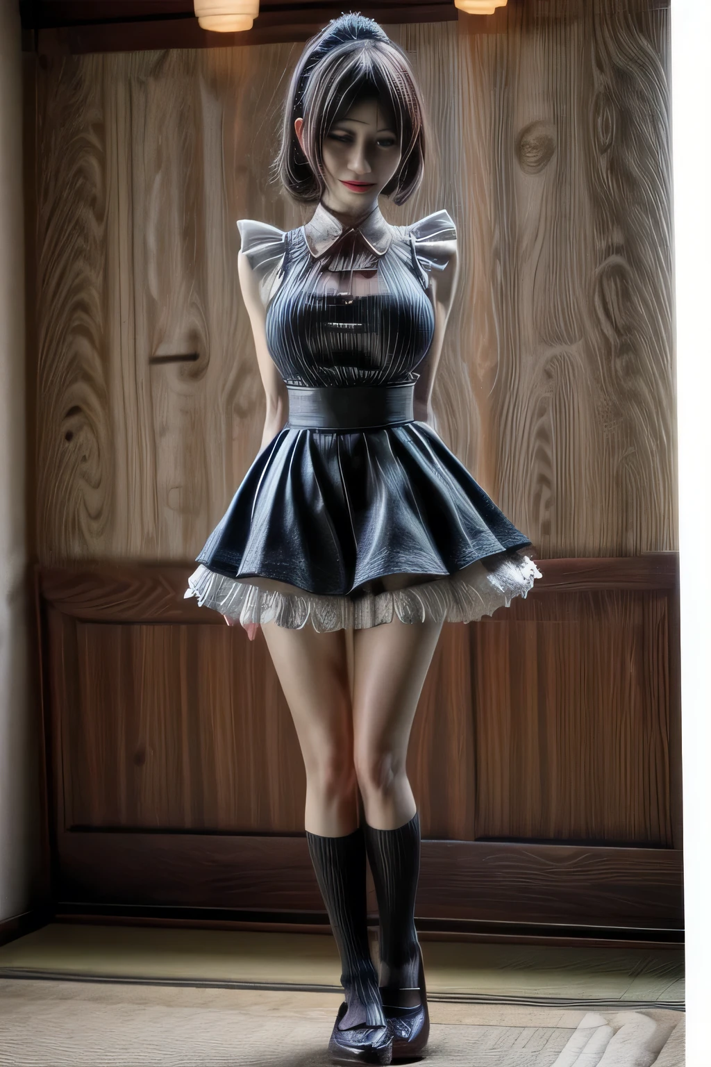 japanese milf wearing Maid Outfit, middle skirt , sleeveless tops, standing, full body shot