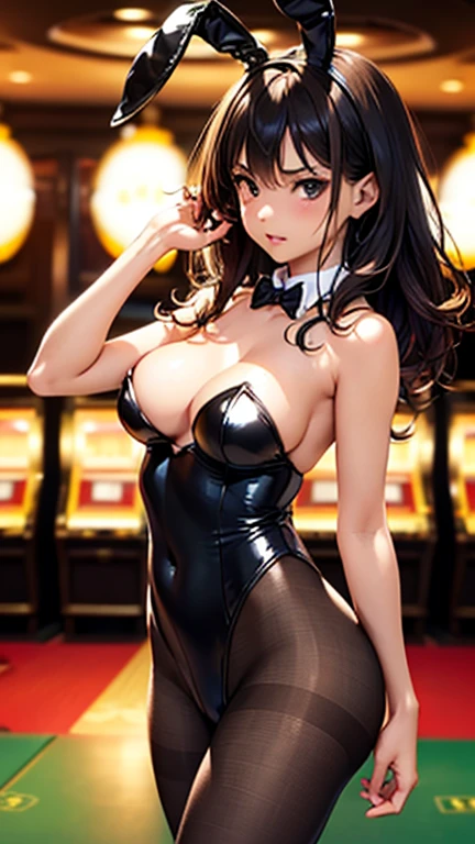 A girl is posing for a photo, cute女の子, Enchanting girl, Anime Girls,
(Black Hair、Long Perm), (Red eyes, Slanted Eyes), ((Tanned dark skin)), break
(((Black Tuxedo、Black leotard))、((Black Pantyhose、Black High Heels、Black Bunny Girl Ears)))、
(((highest quality)), ((masterpiece)), (Very detailed), (High resolution), (Beautiful detailed sparkle), (High detail), (Anatomically correct)), ((Realistic)), ((The best CG)), Ultra-detailed art, CG illustration, 16k, 1080P, Oil paints:1.2,
(((One Girl))),
(Symmetrical facial features, Perfect Face), Beautiful clavicle, (Beautiful fingers), (Beautiful breasts, (Ccup)),
Beautiful body, Beautiful thighs, Beautiful feet, Perfect round butt, (((Detailed skin, Oily skin, Textured skin, Beautiful Skin))),
(((Baby Face, cute, ))), Double eyelids, Long eyelashes,
(Expression of fine eyes, Beautiful and delicate eyes, Sparkling eyes, Eye Reflexes),
(Beautiful Nose,Thin Nose),
(Glossy Lips, Beautiful Lips, thick lips),
(Beautiful Hair, Shiny Hair, Shiny Hair), Hair fluttering),
(Glaring、Angry),
BREAK
(night、(casino)), ((Dynamic Pose、Walking、Cowboy Shot))
