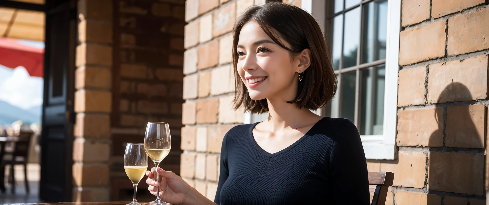 ((highest quality、8k、masterpiece:1.3))、1 male、1 female、Couple、Spouse、Couple、The body is slim、((Bob Hale、Straight hair:1.2)), (Realistic, Intricate details:1.2), テーブルの上のwine glass、Shine light on your face、 Amazing view of the sunset sky and clouds、Amazing mountain views、A bright smile、The wonderfulness of smile、Bright image、The beauty of wine, Beautiful Face, blue eyes, The light shines on your face, Blushing, short hair,Bright Face、 (Age 37), 39 years old, red wine 、Appetizers、Italian food、Wine bottle、Champagne、sparkling wine、Two beauties、Brown Hair、Shortcuts、Long sleeve shirt、dress、Pretty Woman 1, (slimな顔), (The body is slim), (Brown Hair), (Shortcuts), cheeks turn a little red,Attractive beauty、restaurant, In a prominent place (From the waist up) Nova Frog Style, actress, model, Upper Body, White wine, slim, wine glass, 中央に置かれたwine glass, smile, (smile: 1.15), Beautiful fine grain, Depth f/2,saturation, High Contrast, Strong light and shadow,Moist Body:1.5、3D texture、Delicate eyes、Brown Hair、The hair is very shiny、