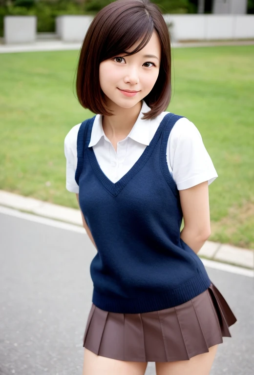 32k, raw photo, best quality, realistic, photorealistic:1.2, ultra detailed, BREAK,, 1girl, solo, Smile, (Best Quality),(ultra Detail),(Hi-Res),(32K Portrait),Production Art,Full Body,Park Bench,Sitting,Hands Tucked Between Crotch,Open Legs,Alone,Cute,Cityscape,Day,Blue Sky, perfect face, black short hair, Small Head, Brown Eyes, huge breasts, Short Sleeve Uniform, Silver-Blue Striped Tie, Blue Tartan Skirt, smile, happiness,