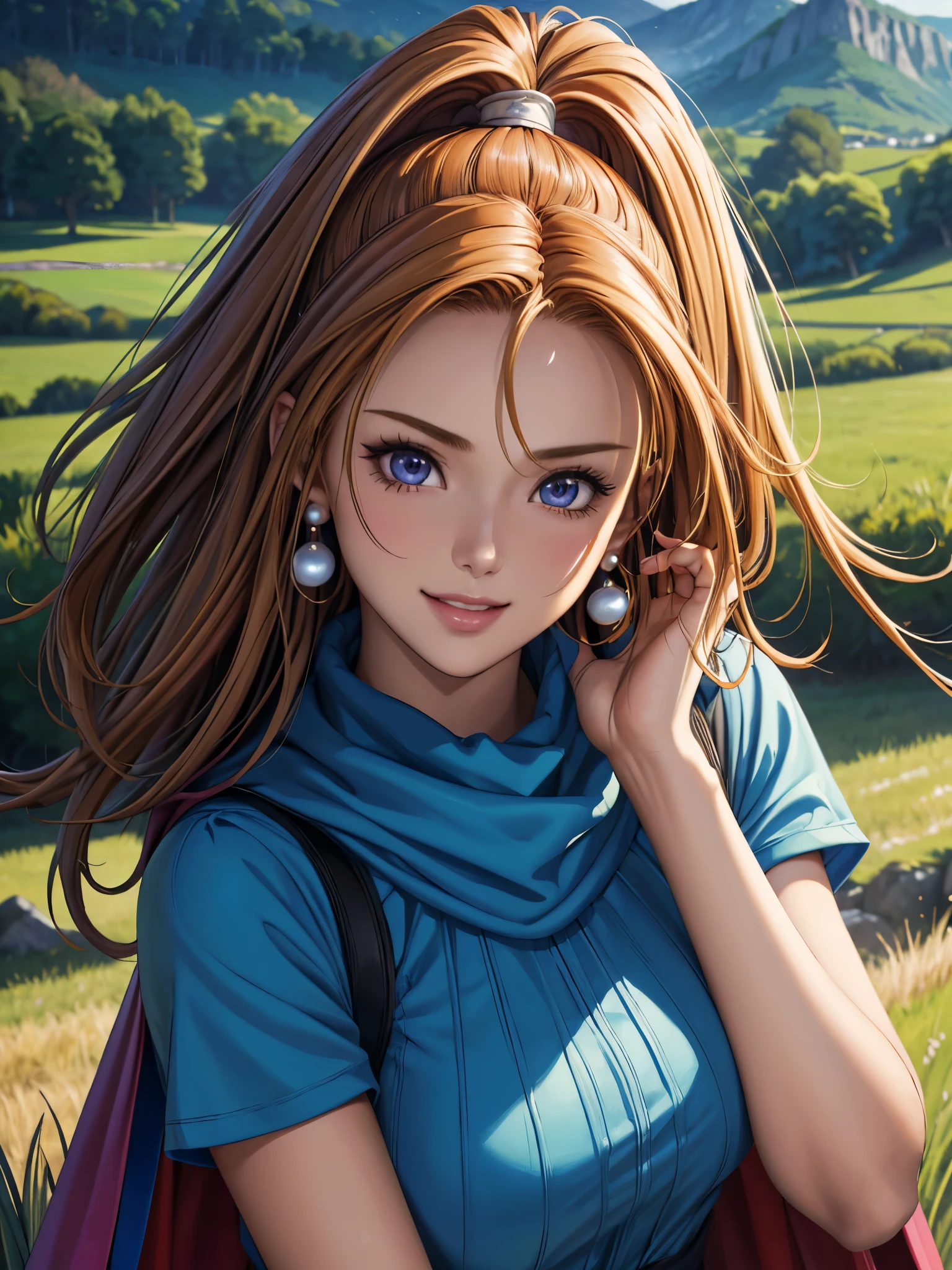 (highest quality, masterpiece painting:1.3), Immature woman, , (Half Body Shot), masterpiece, Ultra-high resolution, (Photorealistic:1.0),Straight hair, Beautiful and shiny hair, White and glowing skin, ((Ultra-Realistic Details)), Octane Rendering, Highly detailed face, Perfect body, Soft Skin, , Pearl Earrings, (grass field background:1.4), Sharp focus, Intricate details, Professional artwork, (Bright colors:1.1), Bright colors, diffused Lighting, Digital Blending, Ultra high definition body, Ultra detailed hair, Highly detailed face, Cute gaze, Compensate, Perfect Lips, perfect Compensate, Ultra-precision coating, (Light_smile:0.8),((very cute)),active,Blue cape outfit,Lip gloss,Sidelong glance,Smile,amiability