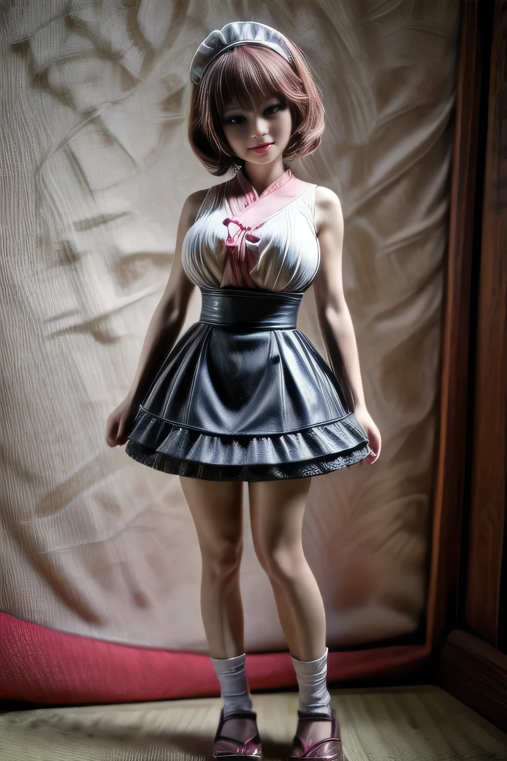japanese milf wearing Maid Outfit, mini skirt , sleeveless tops, standing, full body shot