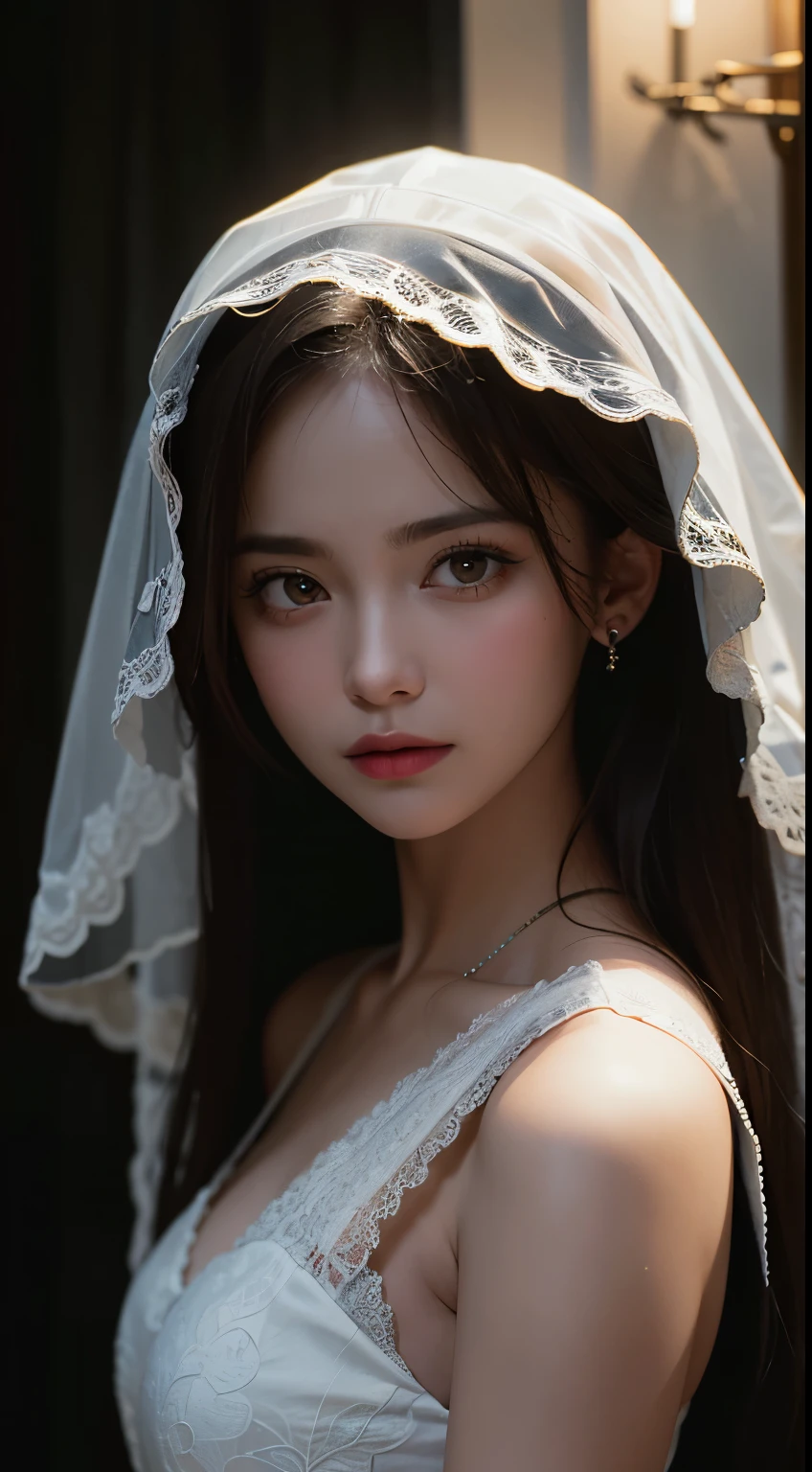((RAW photo, Best quality, Masterpiece :1.3)), a beautiful woman, white dress, film grain, dim light, night, dark dramatic, in the dark, deep shadow, Dark Aesthetic, Nostalgia core, Backlight, moody lighting, ominous, haunting, gloomy, sinister, shadowy, harrowing, realistic, Ambient Occlusion, shot on a Canon EOS R5, 50mm lens, F/2.8, HDR, DSLR, (cinematic lighting), (dramatic lighting), (sharp focus), (intricate)
