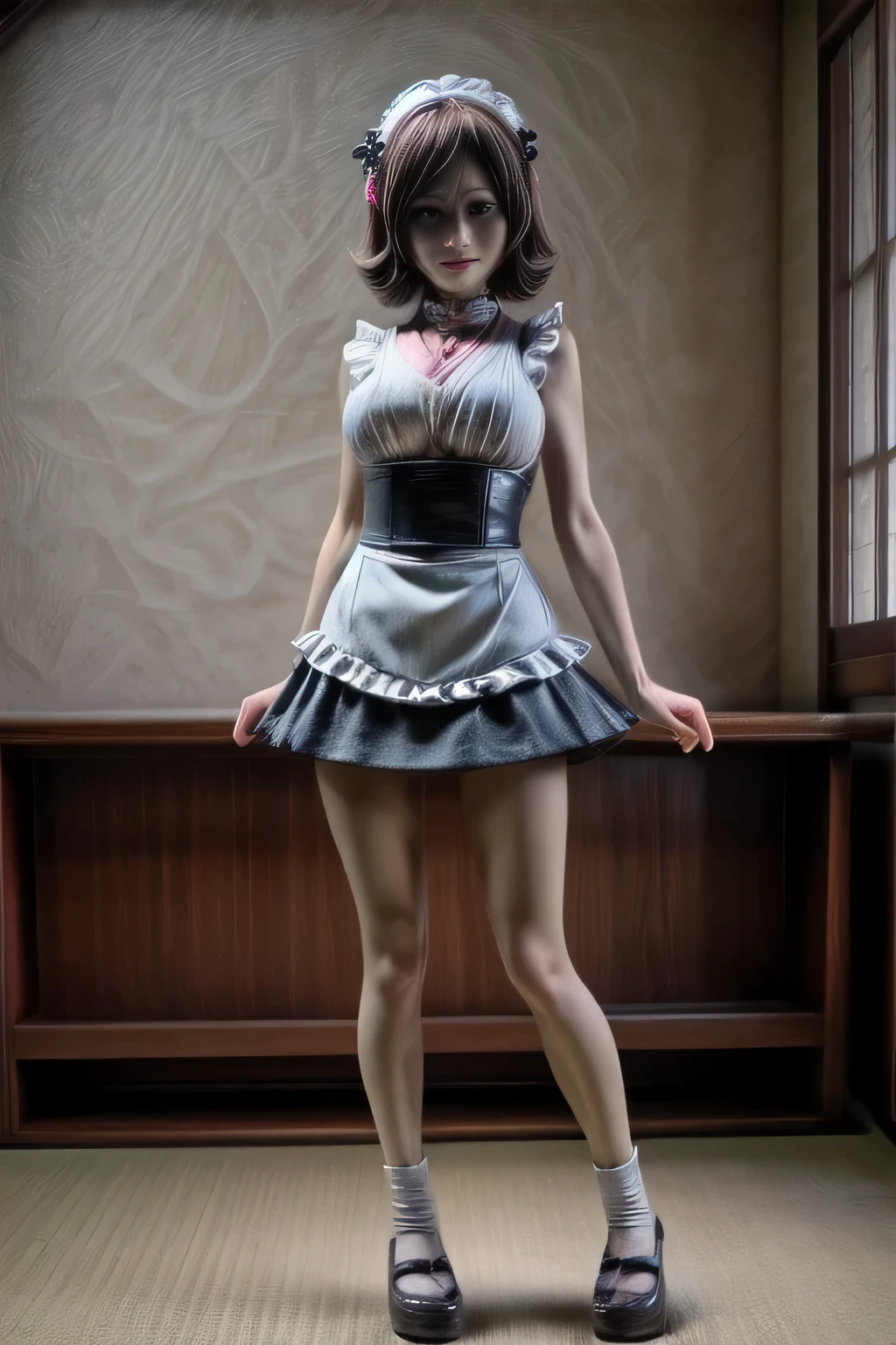 japanese milf wearing Maid Outfit, mini skirt , sleeveless tops, standing, full body shot