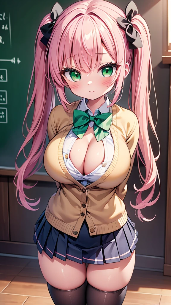 highest quality,wonderful,finely,extremely detailed CG unity 8k wallpaper,1 Girl,priest(dq3), Large Breasts,Beige School Cardigan, bow tie, Cleavage, Check Pleated Skirt, Lift skirt, panties:1.3), Cleavage, Huge breasts,Pink Hair, Green Eyes,Twin tails, highest quality,Super detailed,unity 8k wallpaper,Game CG,Oily skin, Glowing Skin,