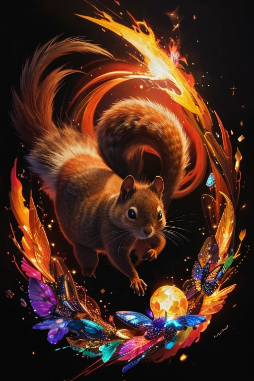 Colorful squirrel painting on black background,, Breathtaking Rendering, In a shining connection, Inspired by Kinuko Y. Crafting,, Magical Elements, Kitten Icon, oh, Is beautiful, Cast a variety of spells, bright flash, flash
