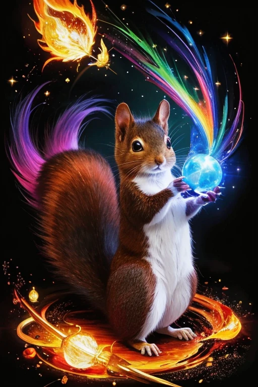 Colorful squirrel painting on black background,, Breathtaking Rendering, In a shining connection, Inspired by Kinuko Y. Crafting,, Magical Elements, Kitten Icon, oh, Is beautiful, Cast a variety of spells, bright flash, flash