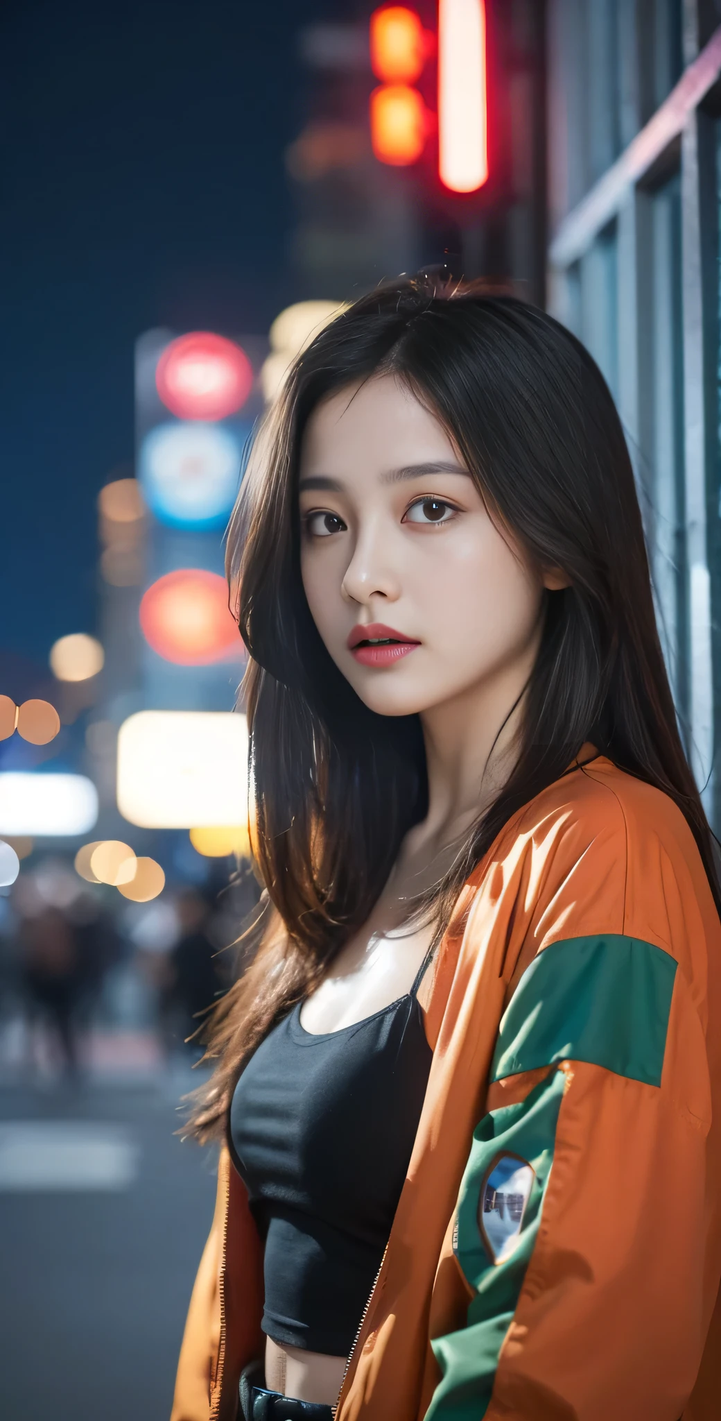 Beautiful girl small breasts, wearing rugged jacket, long hair, machine arms in cyberpunk night scene, cyberpunk red green backdrop
