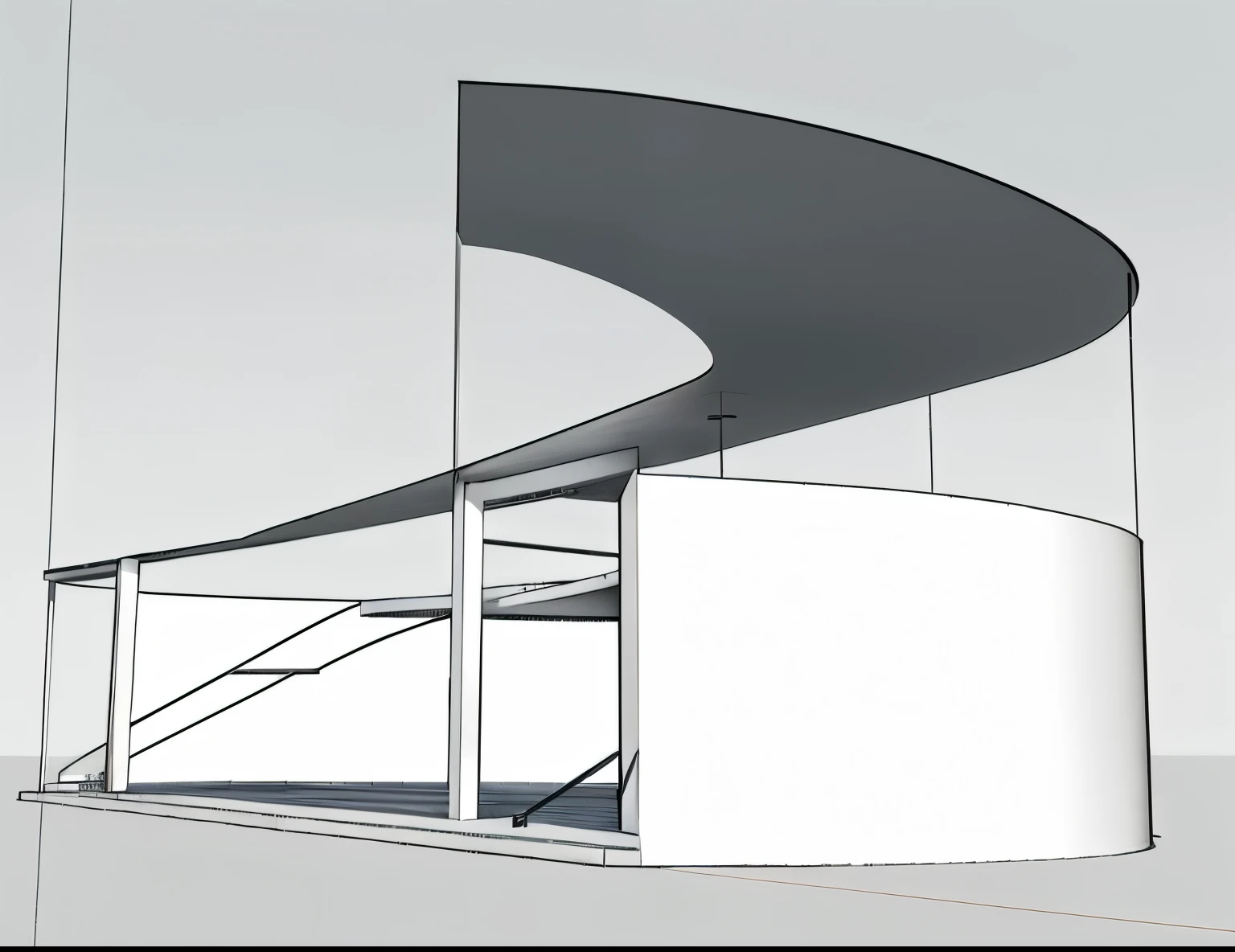 Rendering of a curved structure with a curved roof, Detail rendering, sketch, detailed structure, circular roof, Front view, Concept map, Front perspective, Section view, Front top view, Pre-rendering, 3 / 4 views, 3/4 views, Concept Rendering, well rendered, 3/4 Side view, Medium shot，Bird watching station，whole，stairs，Simplicity，Wooden，Brick-concrete structure