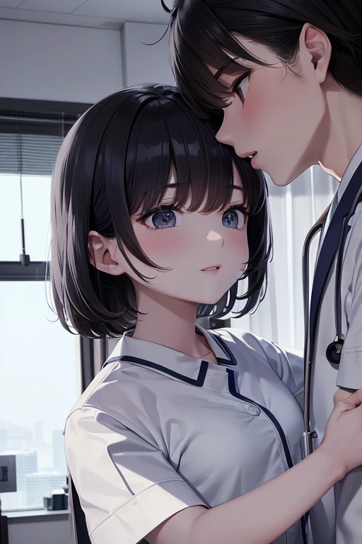 8K, highest quality, masterpiece, Ultra-high resolution, Hospital room, ((One male)), doctor, White, (Deep Kiss), (Embrace each other), (One female), Nurse uniform, Black Hair
