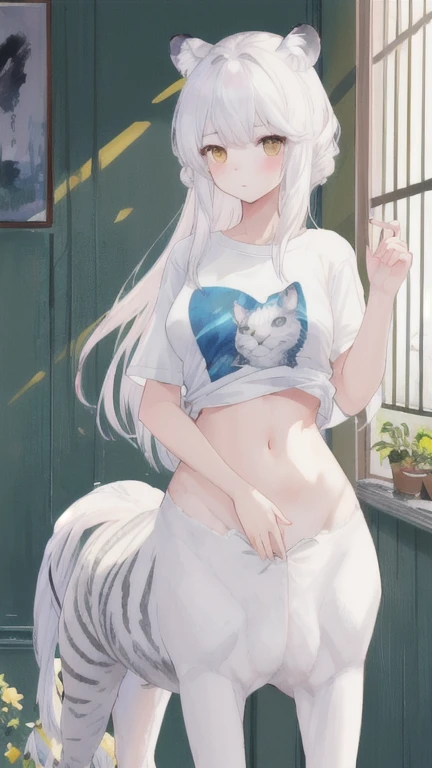 (best quality, masterpiece), 1 girl, centaur, It takes, Undressed ,belly button t-shirt, 아름다운 소녀 perfect white tiger photo, perfect white tiger photo