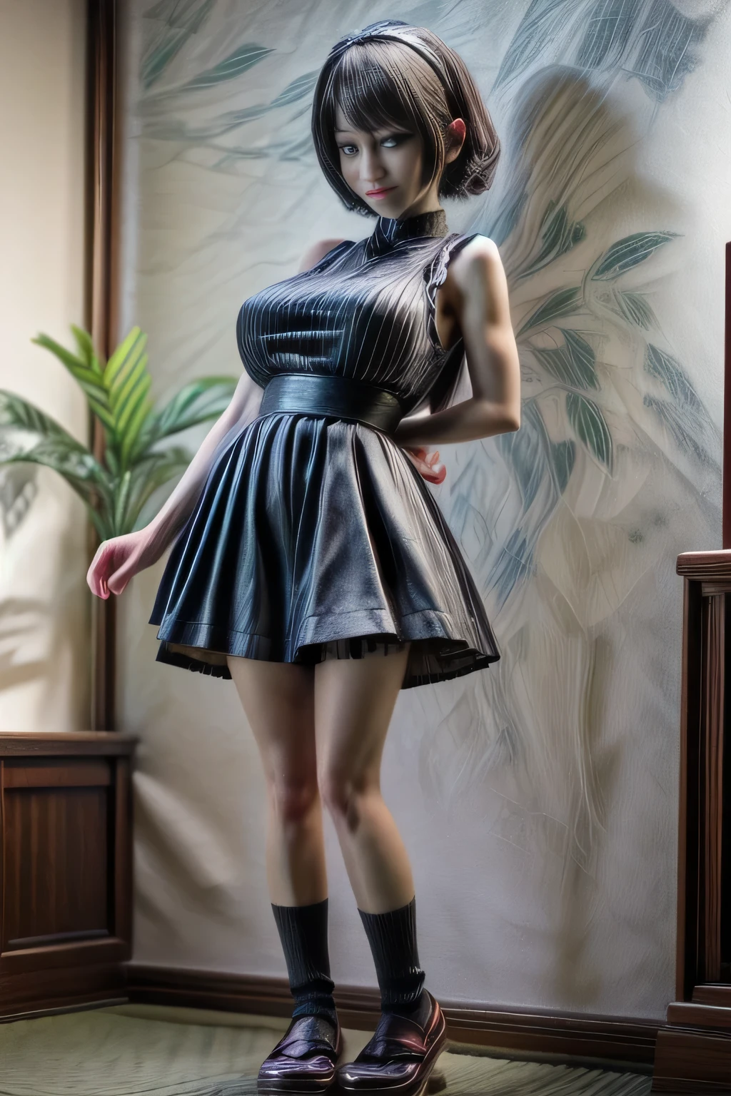 japanese milf wearing Maid Outfit, micro skirt , sleeveless tops, standing, full body shot
