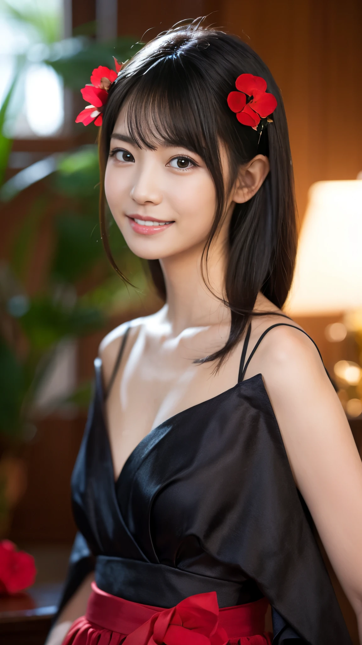 Anime girl in a red and black dress with a red flower in her hair, artwork in the style of Gweitz, Gweitz, Chinese Girl, Trending on cgstation, Cute anime waifu in a nice dress, Gweitz on pixiv artstation, palace , Girl in Hanfu, Beautiful digital art, Gweitz on artstation pixiv,The best smile:1.5