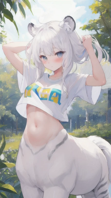 (best quality, masterpiece), 1 girl, centaur, It takes, White skin,belly button t-shirt, beautiful girl perfect white tiger photo, perfect white tiger photo