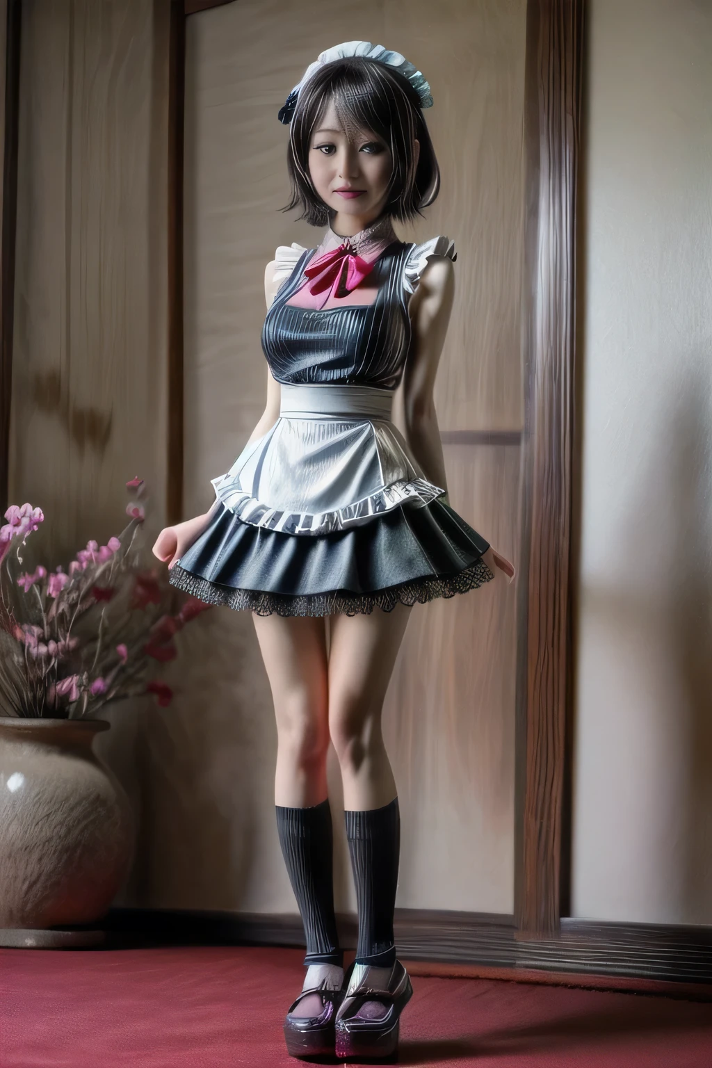 japanese milf wearing Maid Outfit, micro skirt , sleeveless tops, standing, full body shot