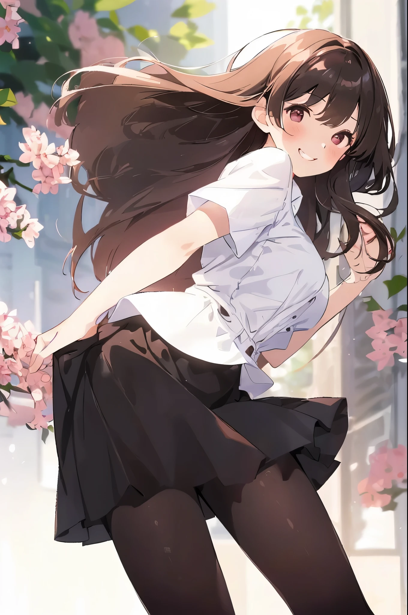 best quality, masterpiece, (solo:1.2), (1 Female:1.2)、Age 25、Larger breasts、(Slender figure)、From the side、(office lady)、sheer white blouse、Black Skirt、tights、(White highlight in pupil:1.2)、Dark reddish brown eyes、(Black-haired:1.2)、(Medium Hair)、(View your viewers:1.2)、White skin、(blush)、(A shy smile)、(I blur the background a lot to make the woman stand out.:1.3)、(The sunlight shines in)、Half backlight、Beautiful flowers in the background