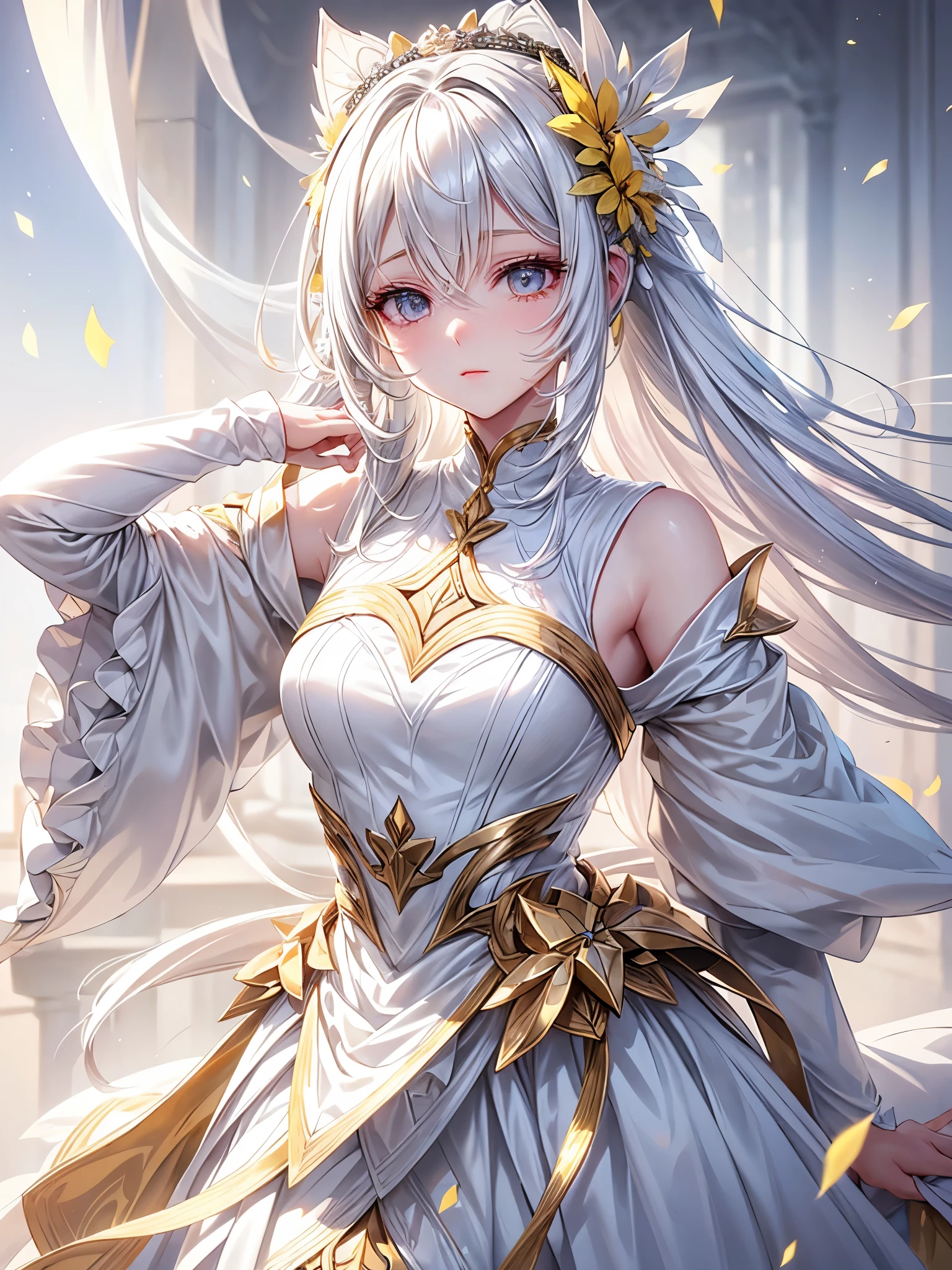 Yellow-white hair covered her long face like a helmet,Make his long face look like a small one,Lovely white clothes,It complements a variety of shades of yellow,There is a delicate makeup,shining face,Feel like a sweet girl