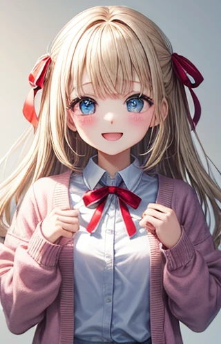 With a girl、No background、No background、Through the background、White Blonde、Pink Cardigan、uniform、、Laughter、ribbon、cute、Big eyes