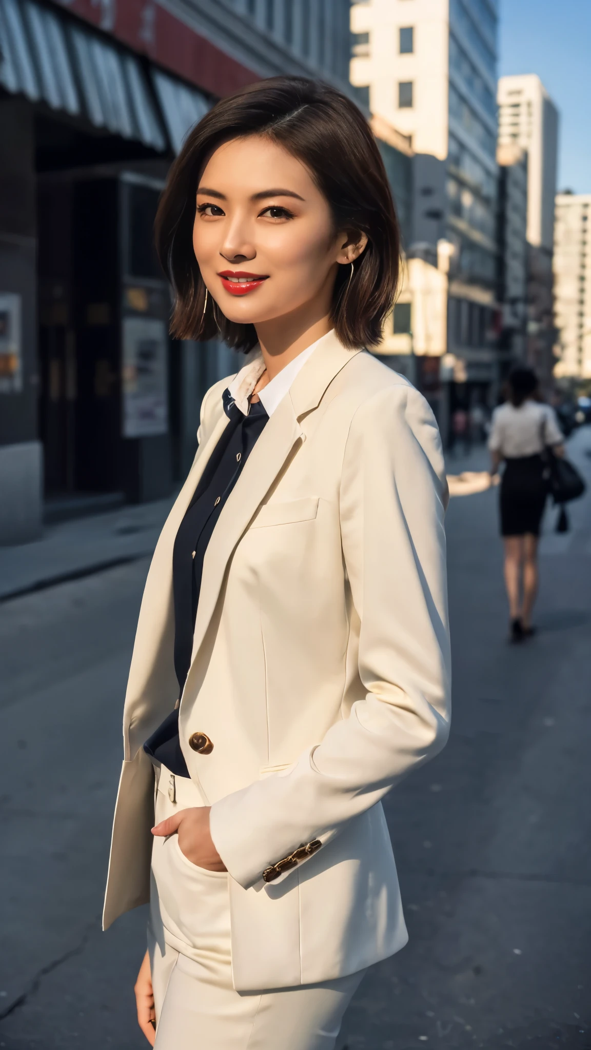 (8k, RAW Photos, highest quality, masterpiece: 1.2), (Realistic, photoRealistic: 1.37), 1 Woman in a suit standing on the sidewalk, Cityscape, Day, Sunny Morning, Professional Lighting, Photon Mapping, Radio City, Brazilian Women, Torn, shirt, Woman in a suit, Silk Suit,The best smile:1.5