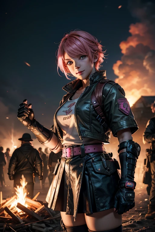 1girl,cowboy shot, beautiful nora_valkyrie, looking at viewer, smile, short hair, blue eyes,heart design on t-shirt, gloves, jacket, pink skirt, pink belt, short sleeves, puffy sleeves, single armband, fingerless gloves, short hair, orange hair, pink gloves, dynamic pose, night, lightning, standing near old steam train, post-apocalypse, dystopian future, crowd, (crowd in military uniforms), bonfires, (volumetric lighting), best quality, masterpiece, intricate details, tonemapping, sharp focus, hyper detailed, trending on Artstation,
