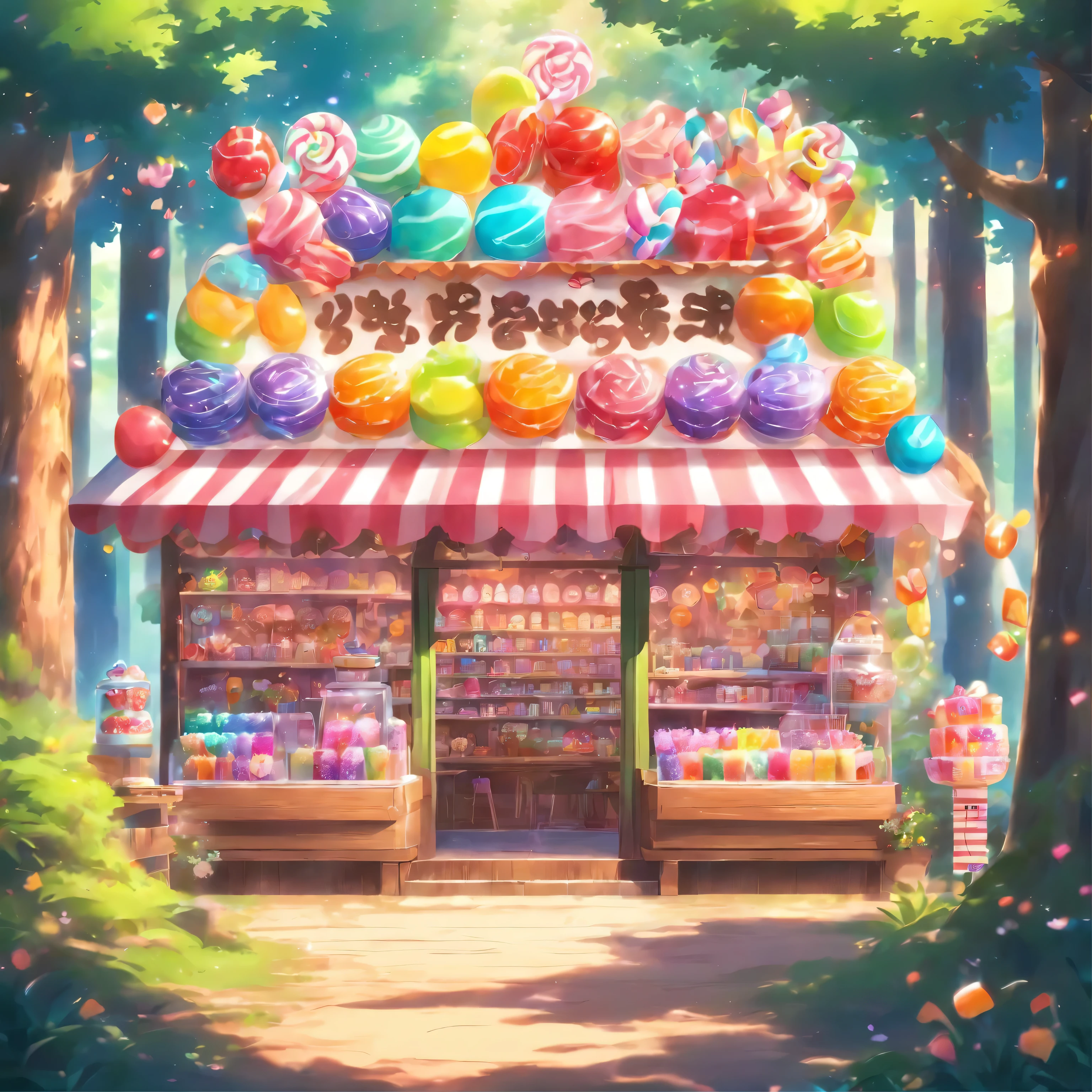A cute and pop candy shop in the forest. The composition is the whole front.