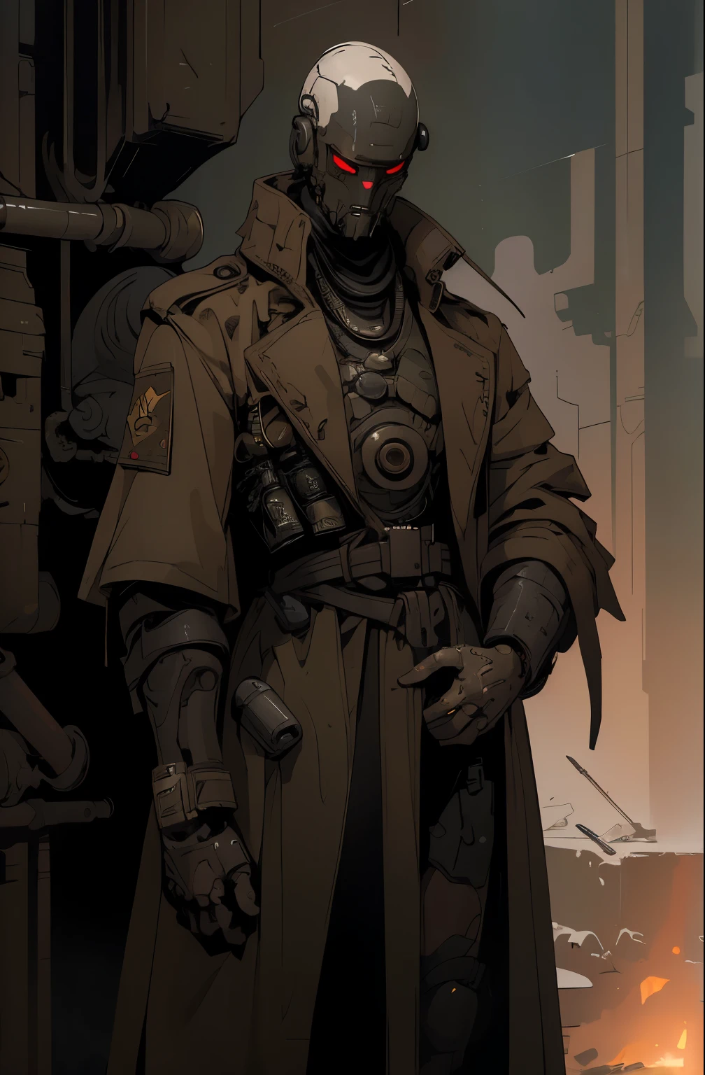 best quality, masterpiece, ultra detailed, 8k, derpd, lethal cyborg wearing a trench coat, SCI-FI, male, bounty hunter, danger, military, pancho, dark, military gear under trench coat, 