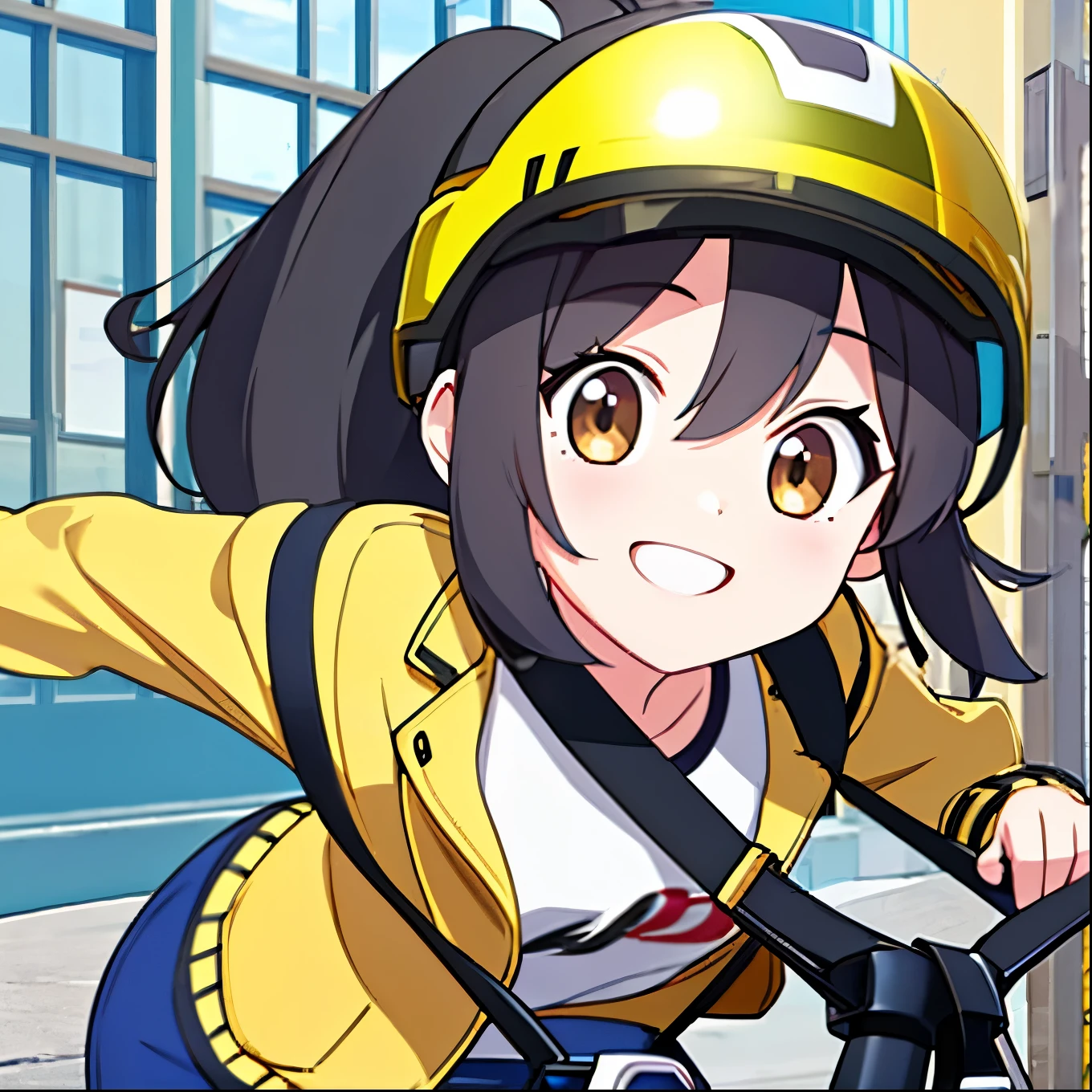 (masterpiece, best quality: 1.2), A girl with black hair and brown eyes in a white t-shirt and yellow brown jacket, with a ponytail, with full bangs, looks smiling, on the street, using a helmet and a motorbike, wearing a sling bag, working as a food delivery, very detailed, best quality, expressive eyes, perfect face, ultra high quality, ultra detail