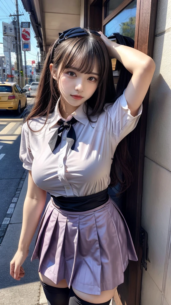 masterpiece, best quality, illustration, Super detailed, fine details, High resolution, 8K,wall paper, perfect dynamic composition,(Details High quality, realistic depiction of eyes:1.3), standing, short hair, (wavy hair:1.2), (short sleeve collared dress shirt,tight skirt,thighhighs,zettai ryouiki:1.4), black hair color, Big Natural Color Lip, bold sexy pose, crying a little、cold gaze, Harajuku style、acrobatic pose, 20 year old girl、cute type、ta、beautiful legs, gravure idol, Japanese idol, huge breasts