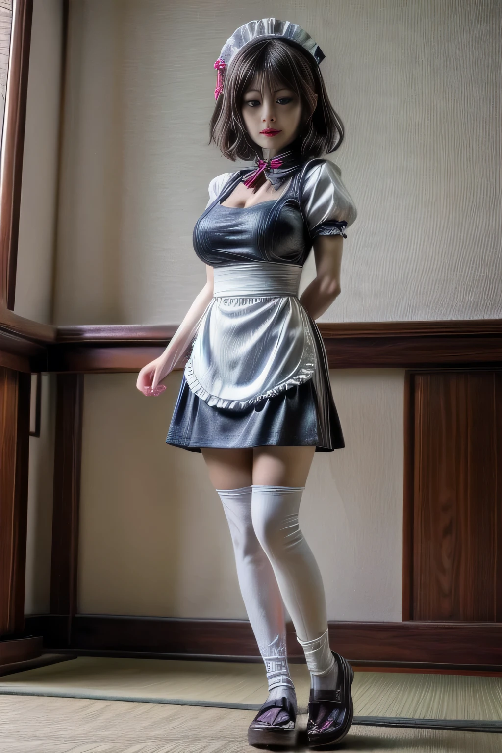japanese milf wearing Maid Outfit, pants , sleeveess tops, standing, full body shot