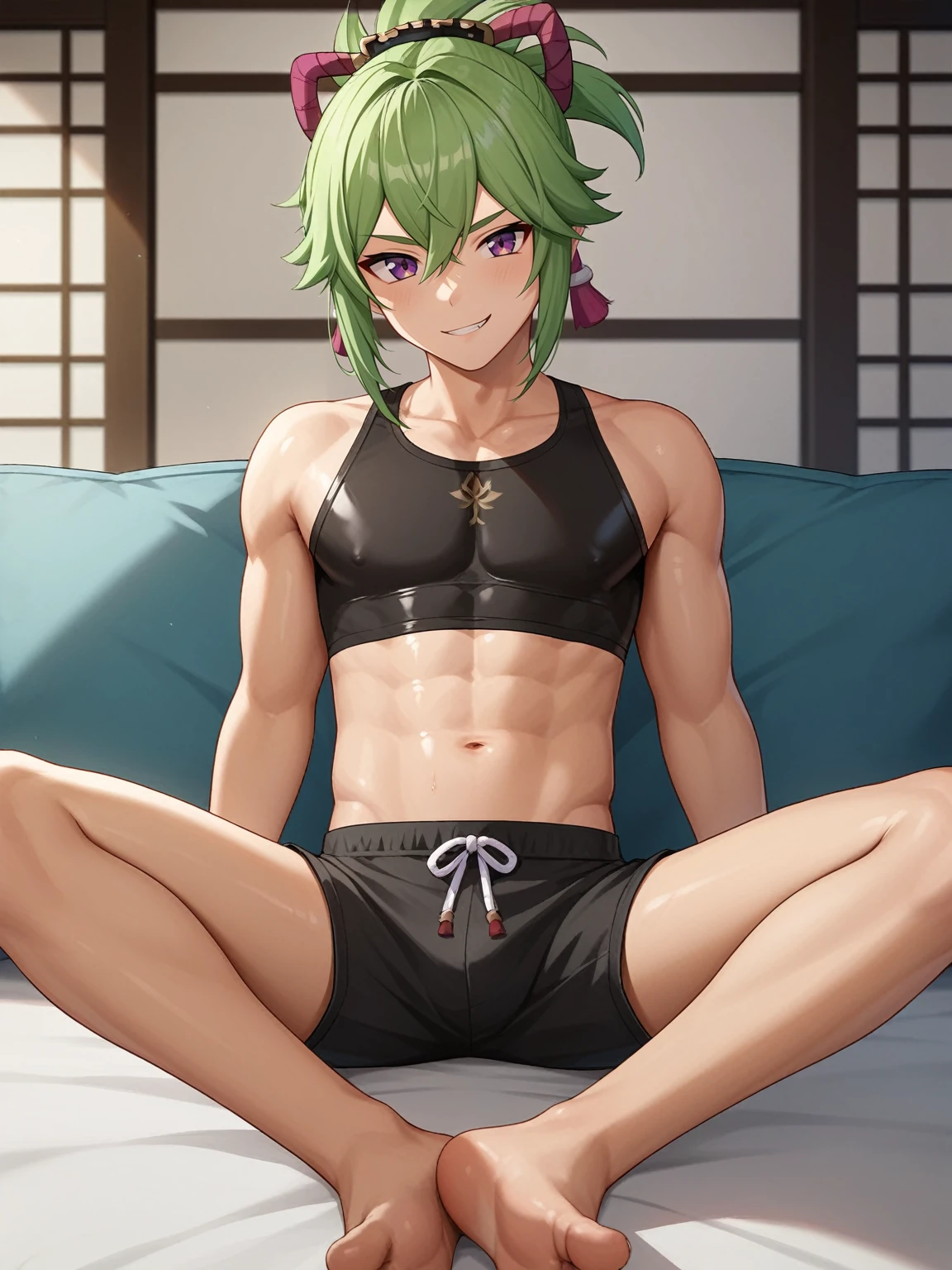score_9, score_8_up, score_7_up, source_anime, flat color, BREAK, solo, shexyo, 1boy, shota, dark skinned male, genshin impact, kuki shinobu, indoors, shorts, ftm, genderbend, genderswap, looking at viewer, sitting, couch, crop top, smirk, oiled up, lubed up, oily body, oily tummy, seductive, spreading legs, imminent sex, pov, male, masculine, bara, muscular