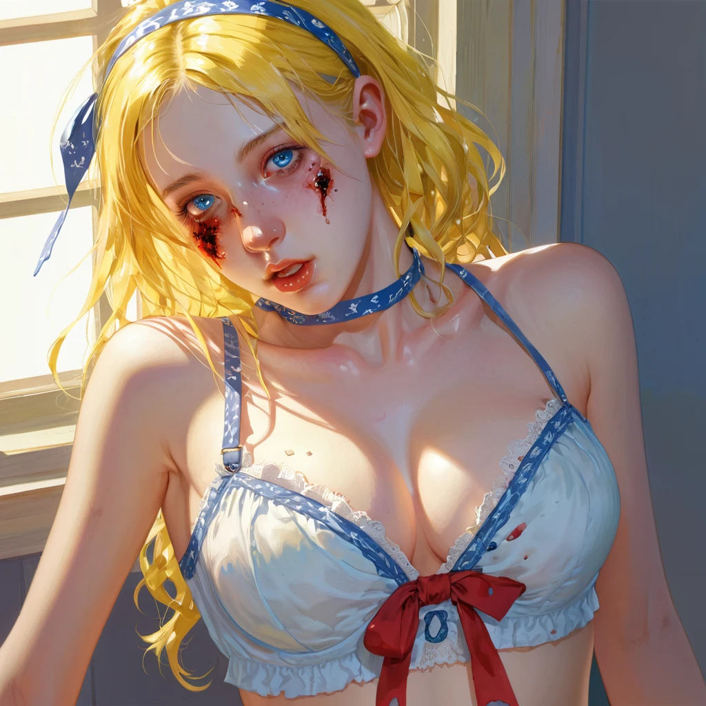 (finely detailed beautiful eyes and detailed zombie face,masterpiece sidelighting,masterpiece,best quality,detailed,high resolution illustration),, (1 depraved girl,whole body,sundress,lustrous skin,looking down,looking at viewer),, (yellow hair,blue eyes,ribbon, sheer clothes), (clothed_underbust:1.2),underboob