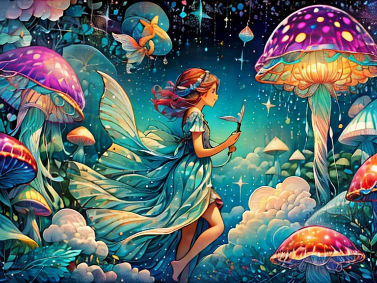 full body, colorful chalkdust painting, beautiful, fairy, standing in a mushroom forest, 10k high resolution, perfect skin, perfect hands, high quality, highly detailed, raw photo, vivid colors, perfect hands, low key lighting